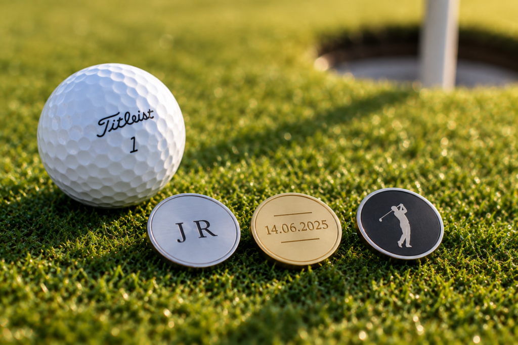 Personalised golf ball markers with engraved initials resting on a putting green. small details, big personality.